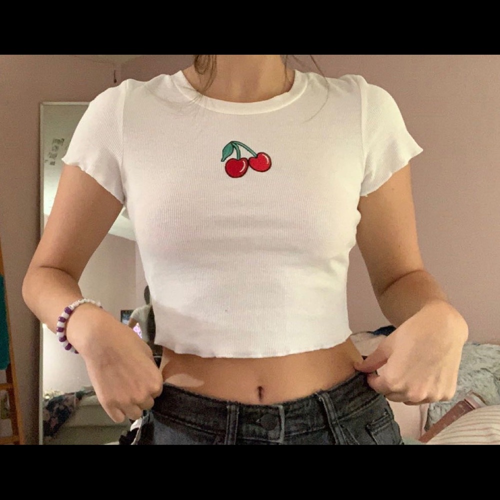 white crop top with cherry embroidery